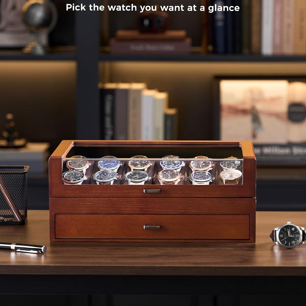 Wooden watch display case with multiple watches on a wooden surface.