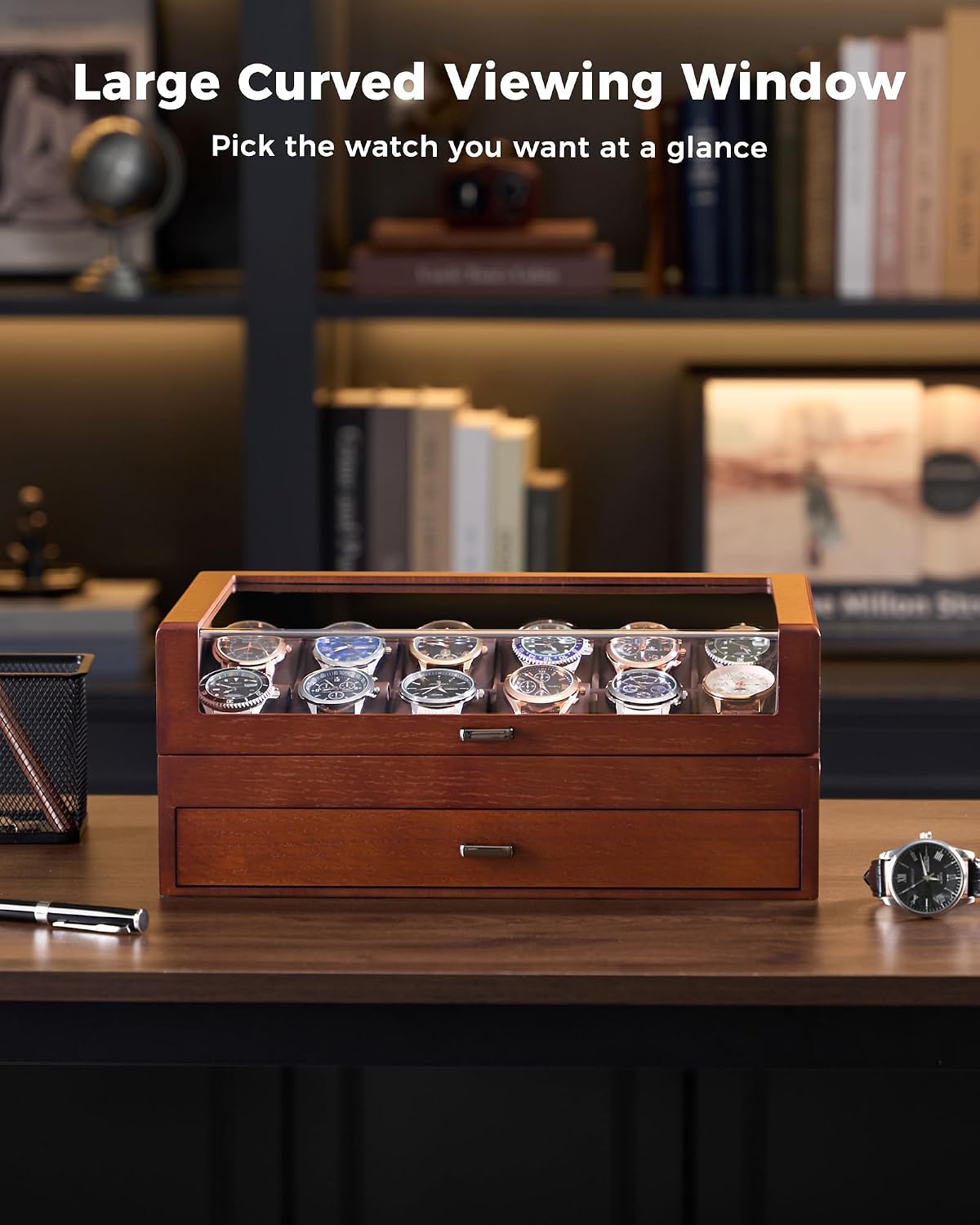 Wooden watch display case with multiple watches on a wooden surface.