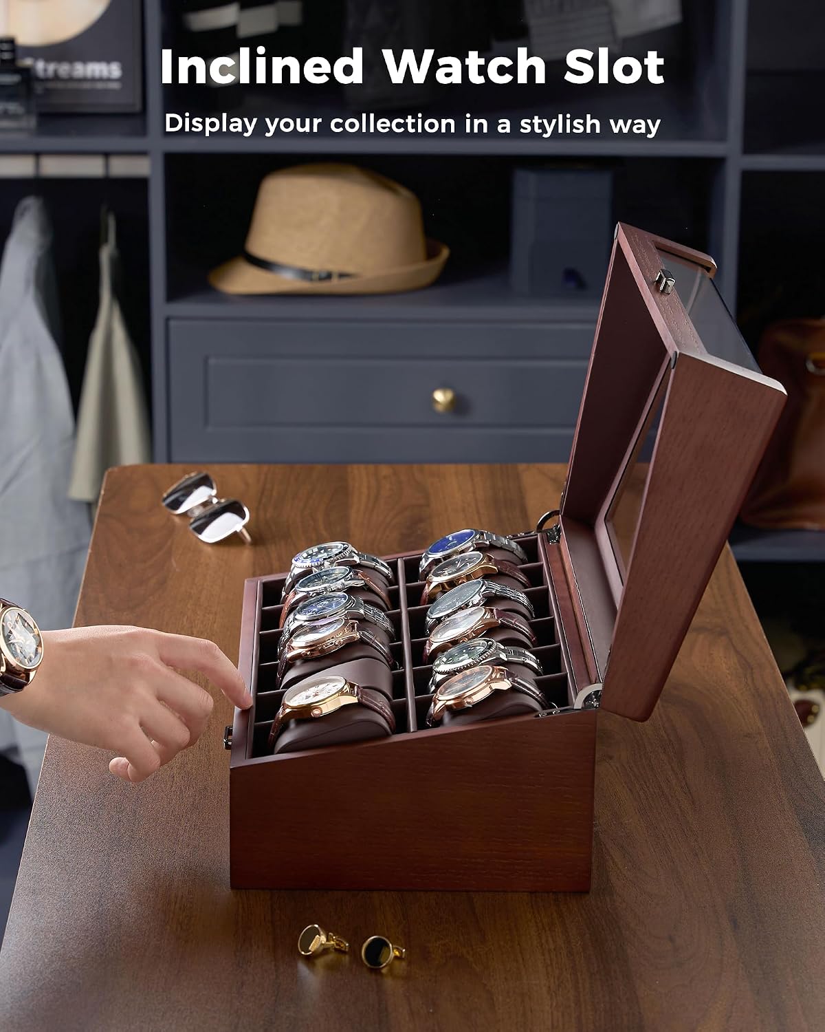 Wooden watch display case withinclined watch slot on a wooden table.