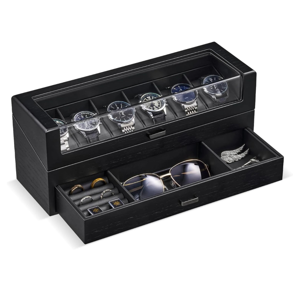 2-Layer Wooden Watch Box with Clear Top & Jewelry Storage Drawer 6 Slots Black