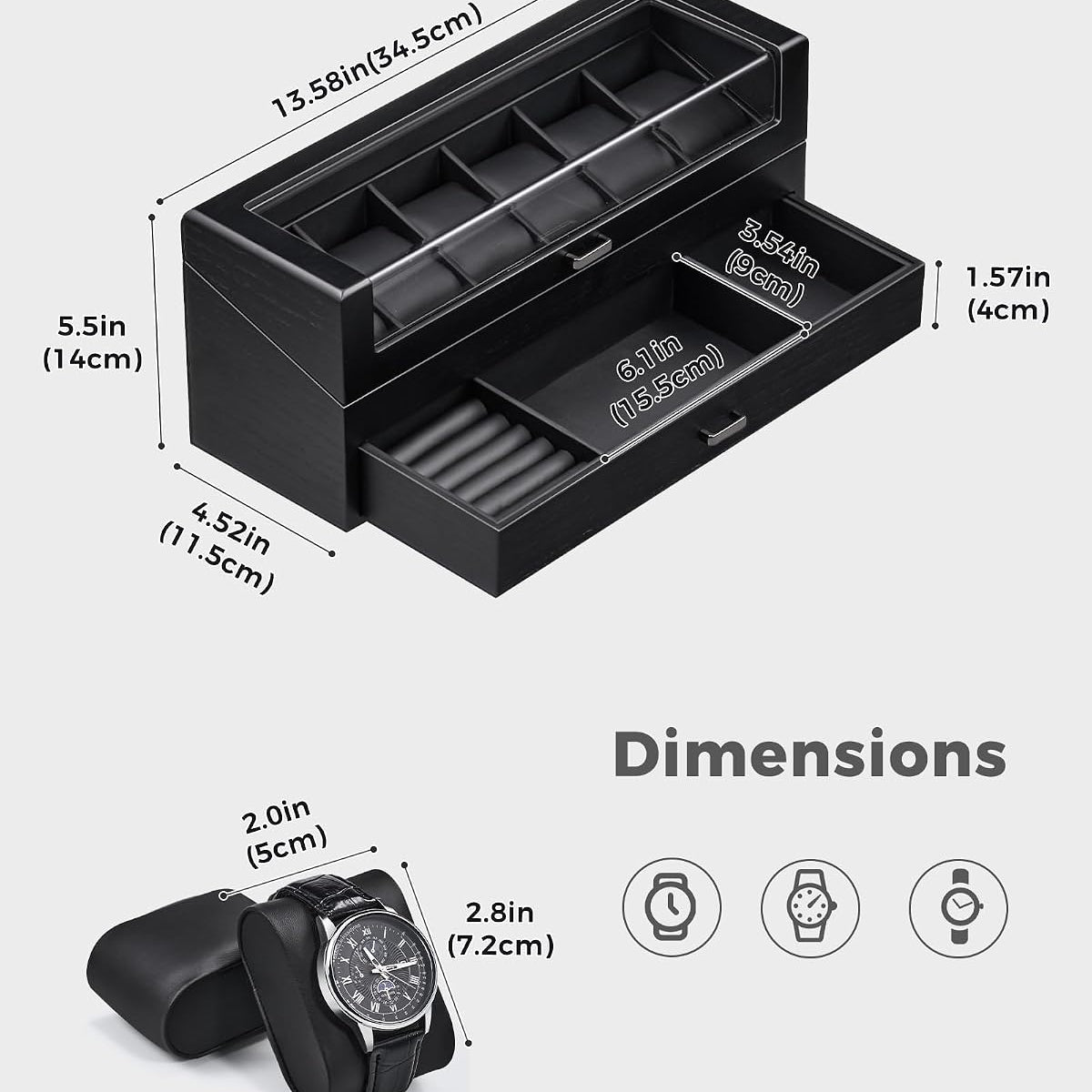 Black jewelry organizer with dimensions displayed on a white background