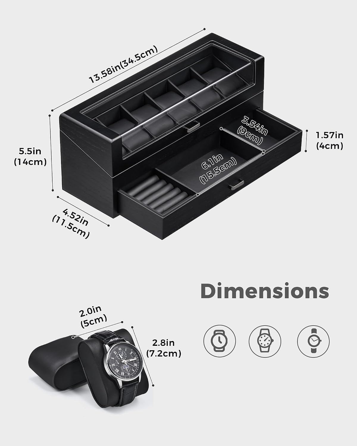 Black jewelry organizer with dimensions displayed on a white background