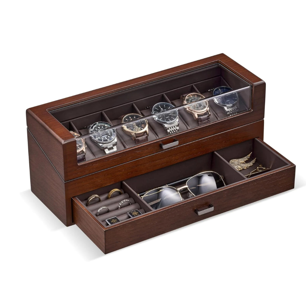 2-Layer Wooden Watch Box with Clear Top & Jewelry Storage Drawer 6 Slots Espresso