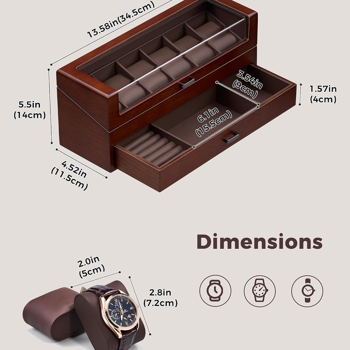 A wooden watch box with a glass top and a sliding drawer, shown with dimension labels and a smaller inset of a watch inside. 