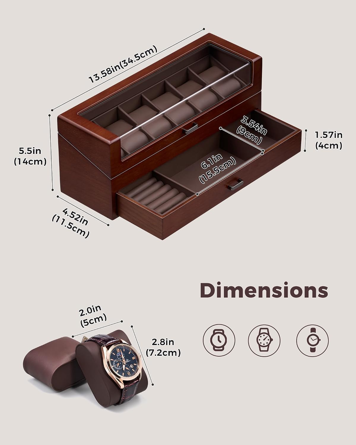 A wooden watch box with a glass top and a sliding drawer, shown with dimension labels and a smaller inset of a watch inside. 