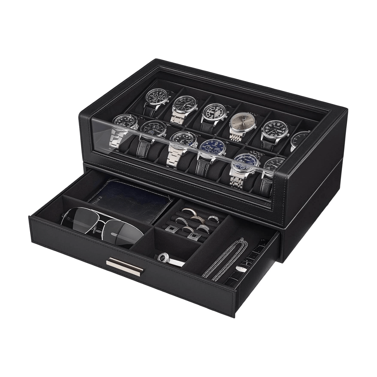 ProCase Watch Box for Men, 12 Slots Watch Display Holder,
Clear Acrylic Top, Large Capacity PU Leather Case with Drawer Organizer, Black