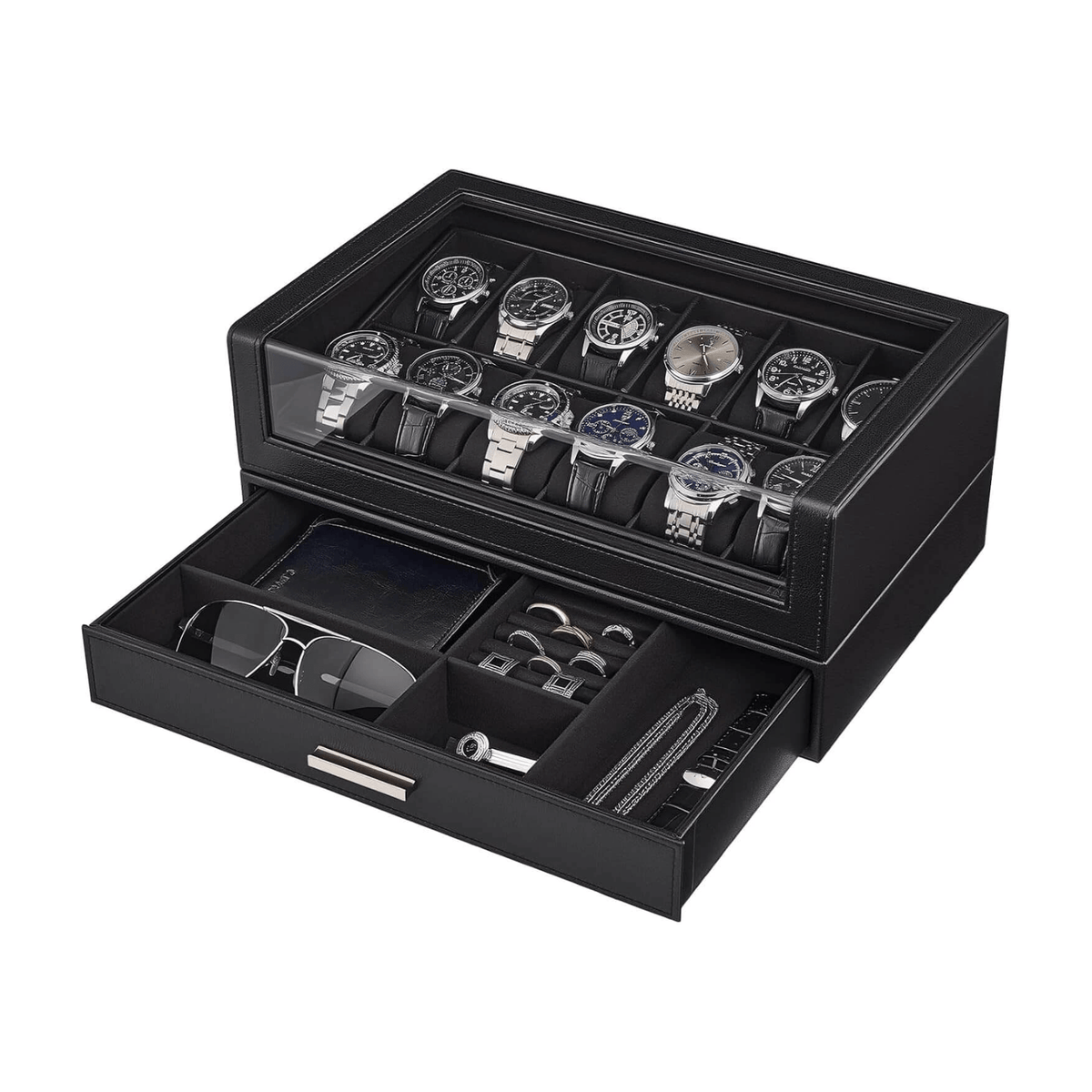 ProCase Watch Box for Men, 12 Slots Watch Display Holder,
Clear Acrylic Top, Large Capacity PU Leather Case with Drawer Organizer, Black