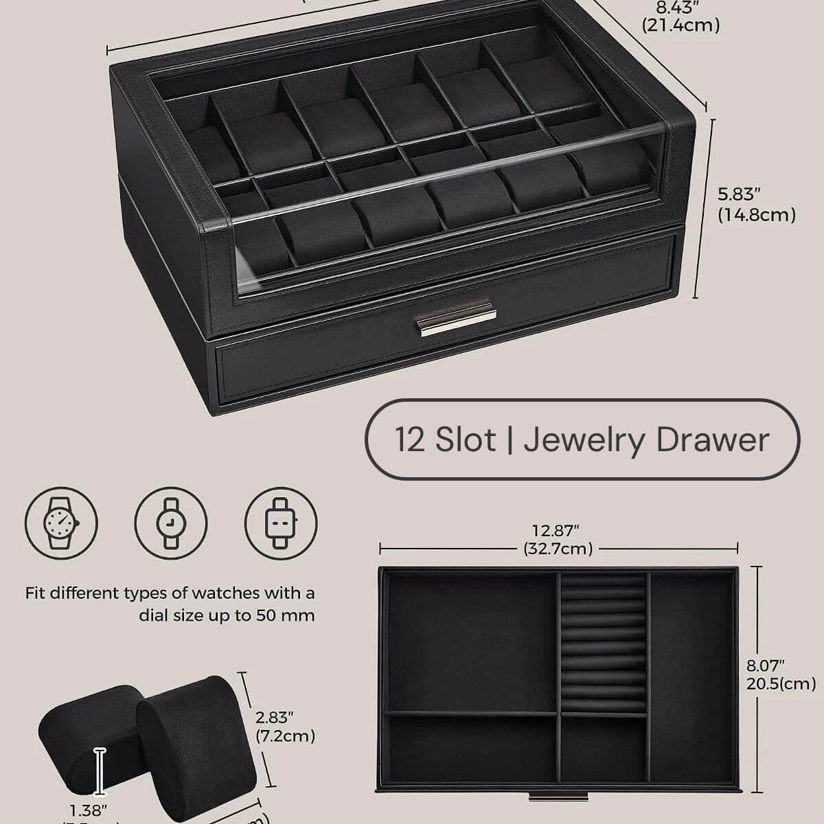 Brown 12 slot watch storage box with dimensions and features on a beige background
