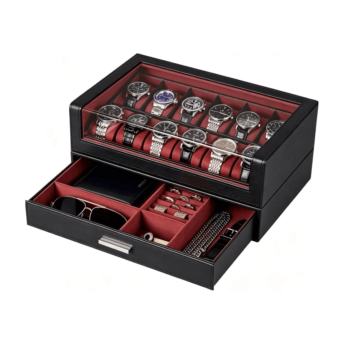 ProCase Watch Box for Men, 12 Slots Watch Display Holder,
Clear Acrylic Top, Large Capacity PU Leather Case with Drawer Organizer, Blackwinered