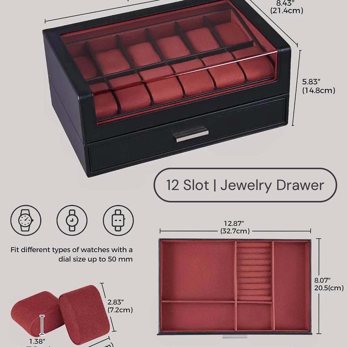 Blackwinered 12 slot watch box with a glass top and red velvet interior, shown with dimension annotations and inset views of the interior compartments and cushion size.
