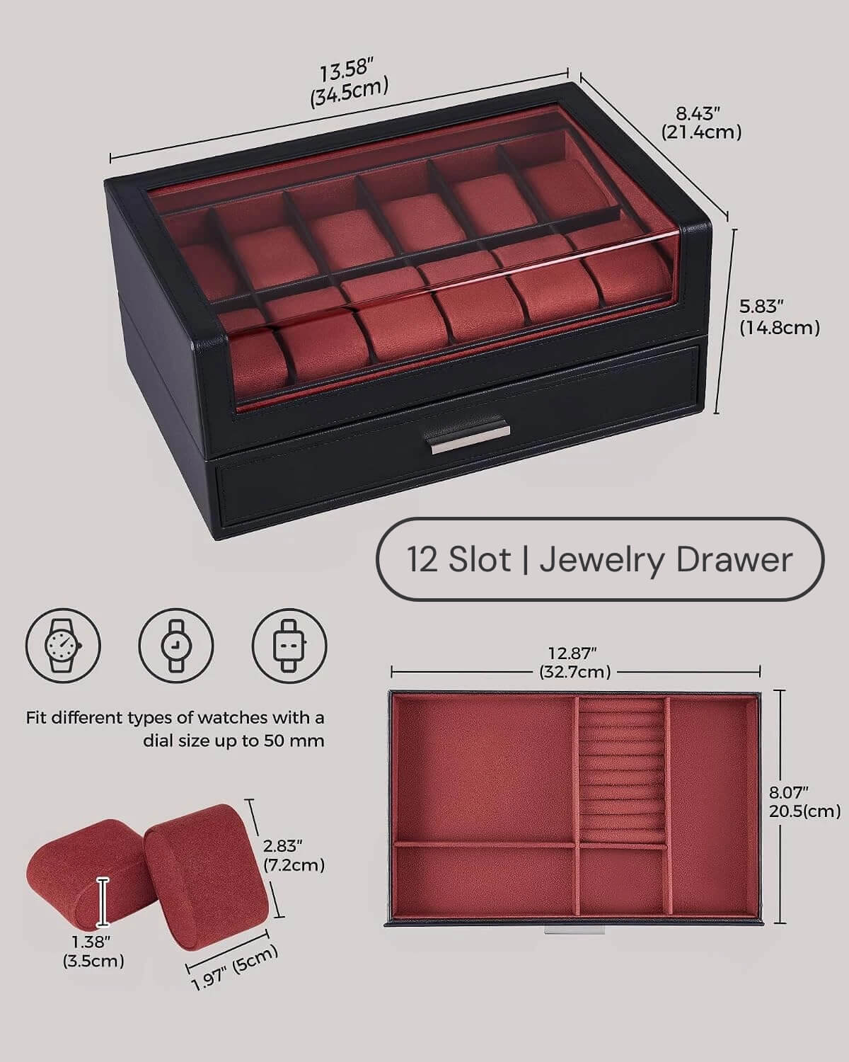 Blackwinered 12 slot watch box with a glass top and red velvet interior, shown with dimension annotations and inset views of the interior compartments and cushion size.