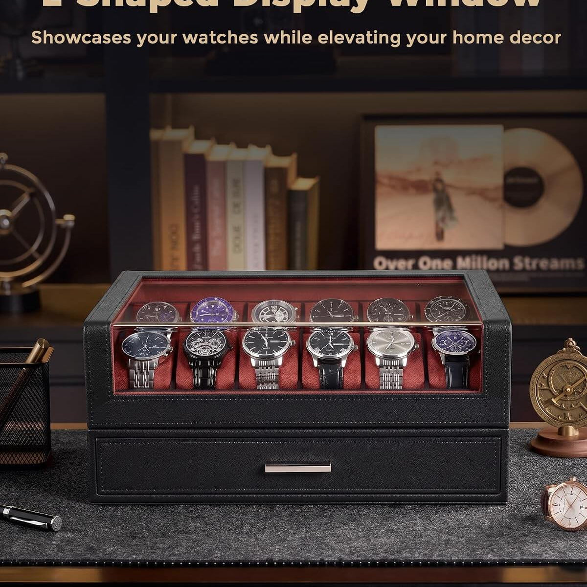 A black L-shaped watch display box with a glass top window, showcasing ten wristwatches inside. The box has a red velvet interior lining and a front drawer.