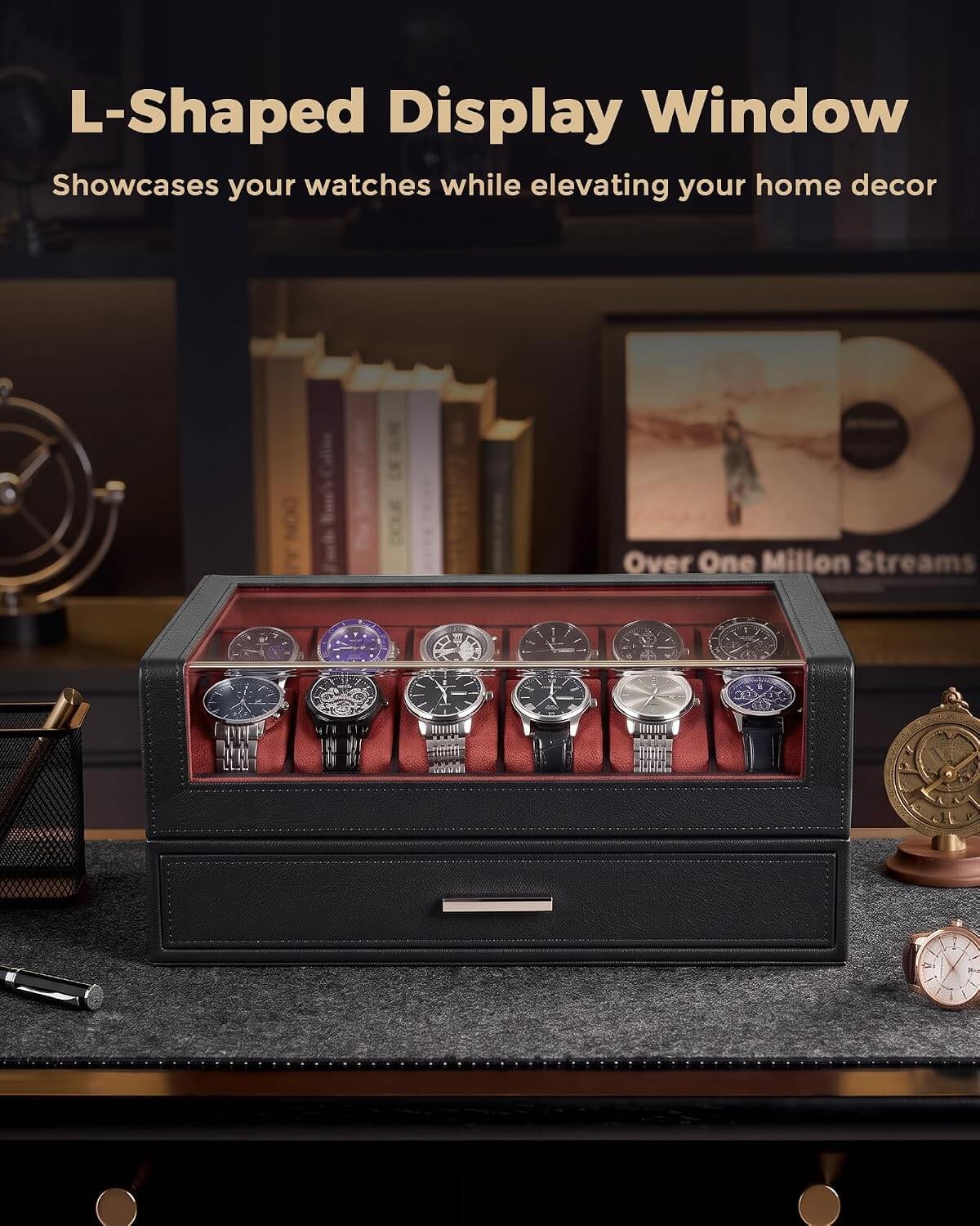 A black L-shaped watch display box with a glass top window, showcasing ten wristwatches inside. The box has a red velvet interior lining and a front drawer.