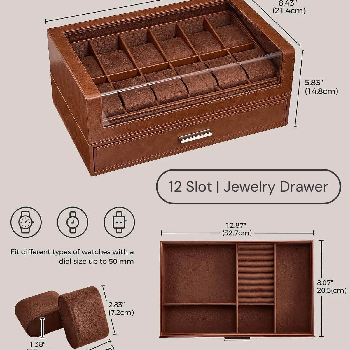 Brown 12 slot watch storage box with dimensions and features on a beige background