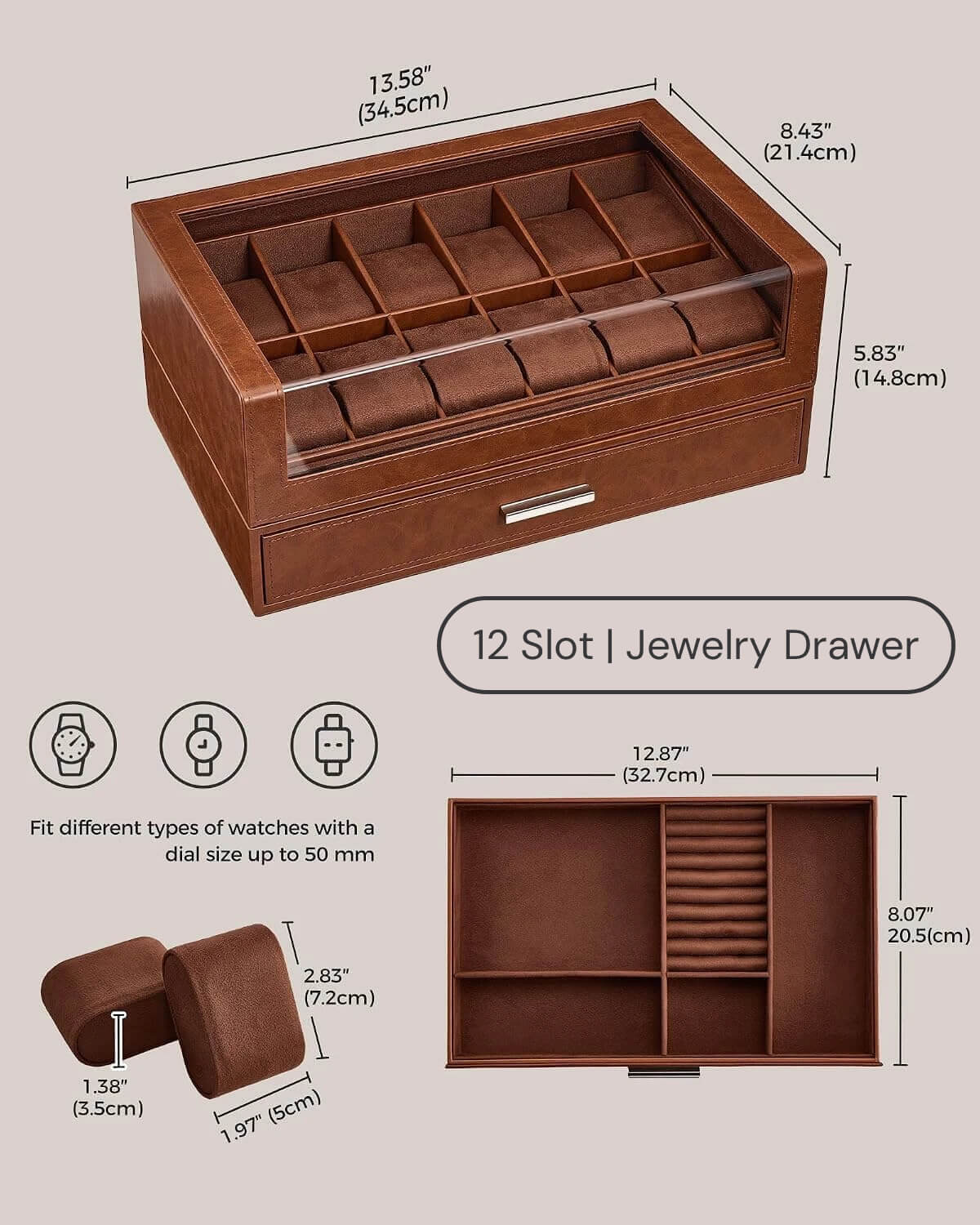 Brown 12 slot watch storage box with dimensions and features on a beige background