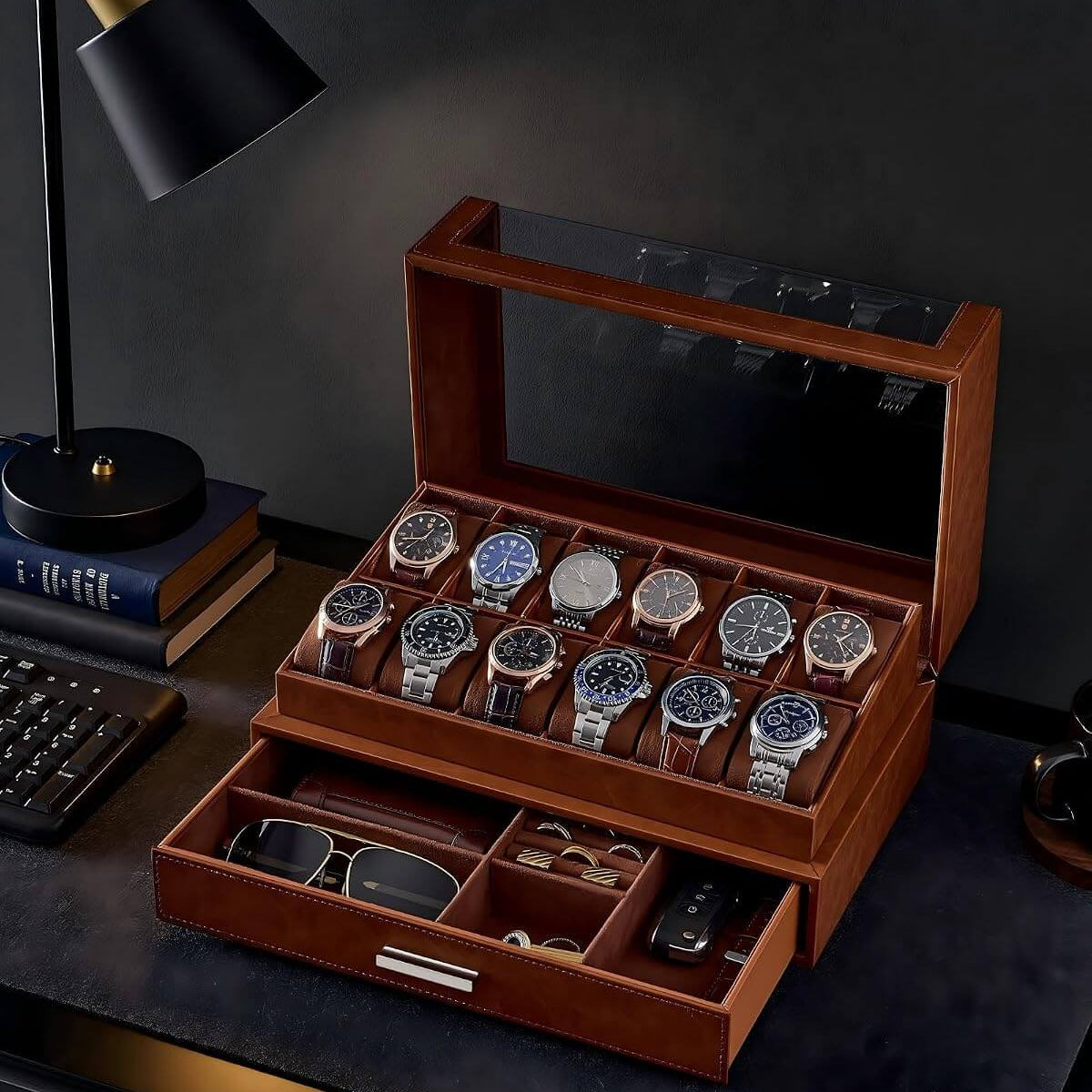 12 slot watch display case with multiple watches on a dark surface.