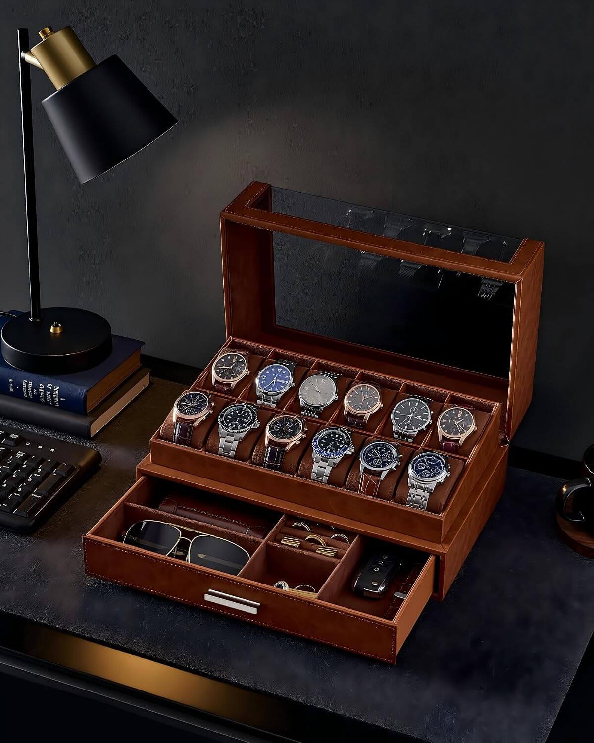 12 slot watch display case with multiple watches on a dark surface.