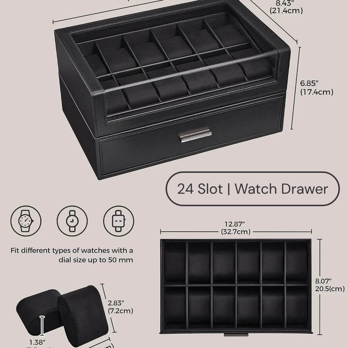 Black 24 slot watch storage box with a single drawer and multiple watch slots, shown with dimension labels and small feature icons on a light beige background.