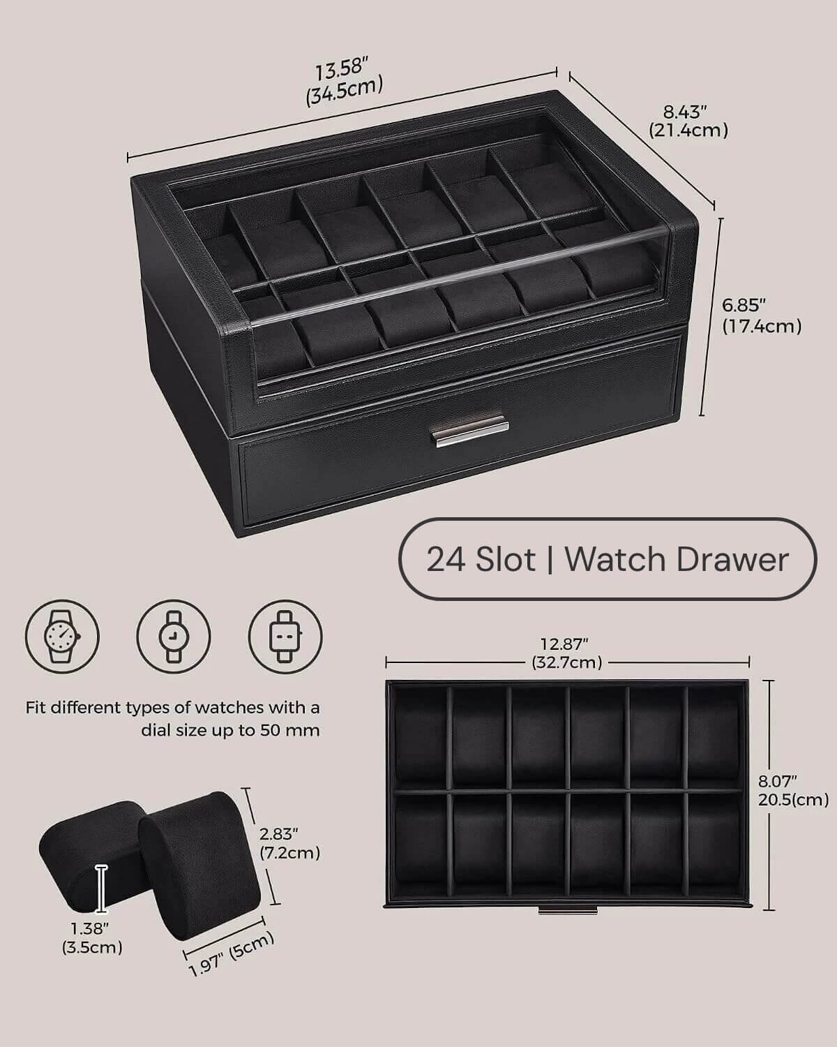 Black 24 slot watch storage box with a single drawer and multiple watch slots, shown with dimension labels and small feature icons on a light beige background.