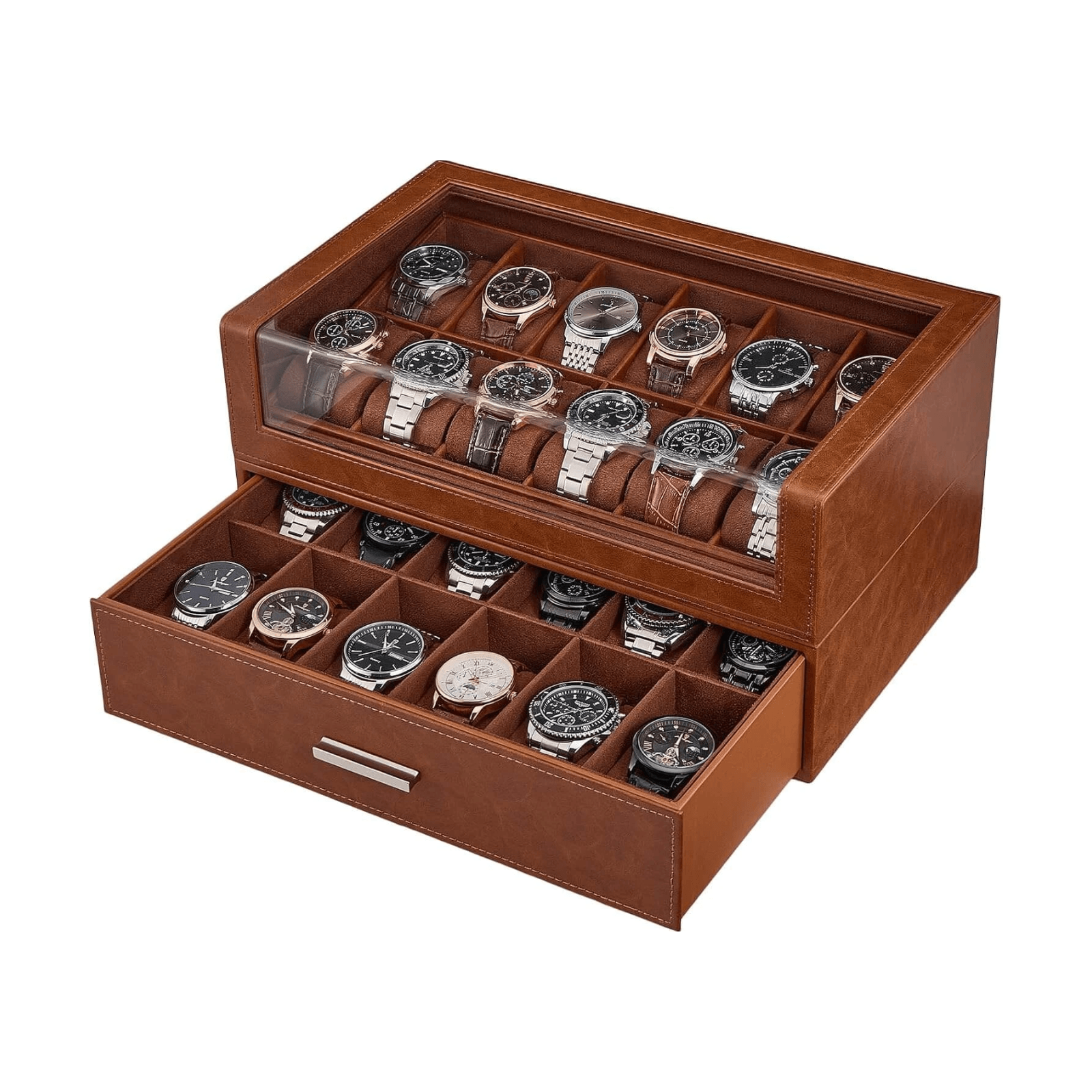 ProCase Watch Box for Men, 24 Slots Watch Display Holder,
Clear Acrylic Top, Large Capacity PU Leather Case with Drawer Organizer, Brown