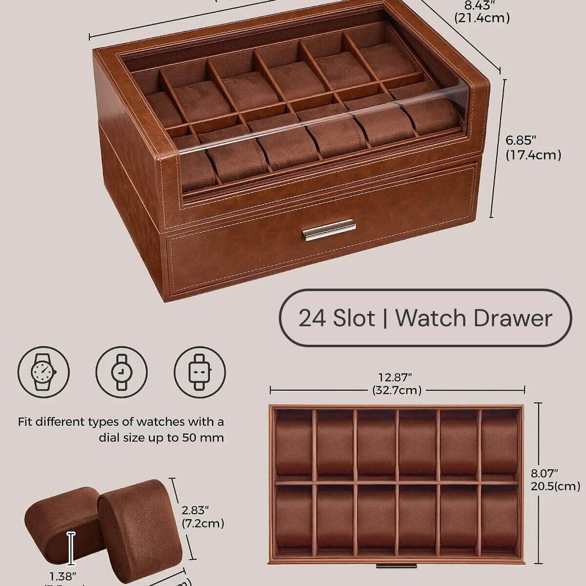Brown 24 slot watch storage box with a single drawer and multiple watch slots, shown with dimension labels and small feature icons on a light beige background.