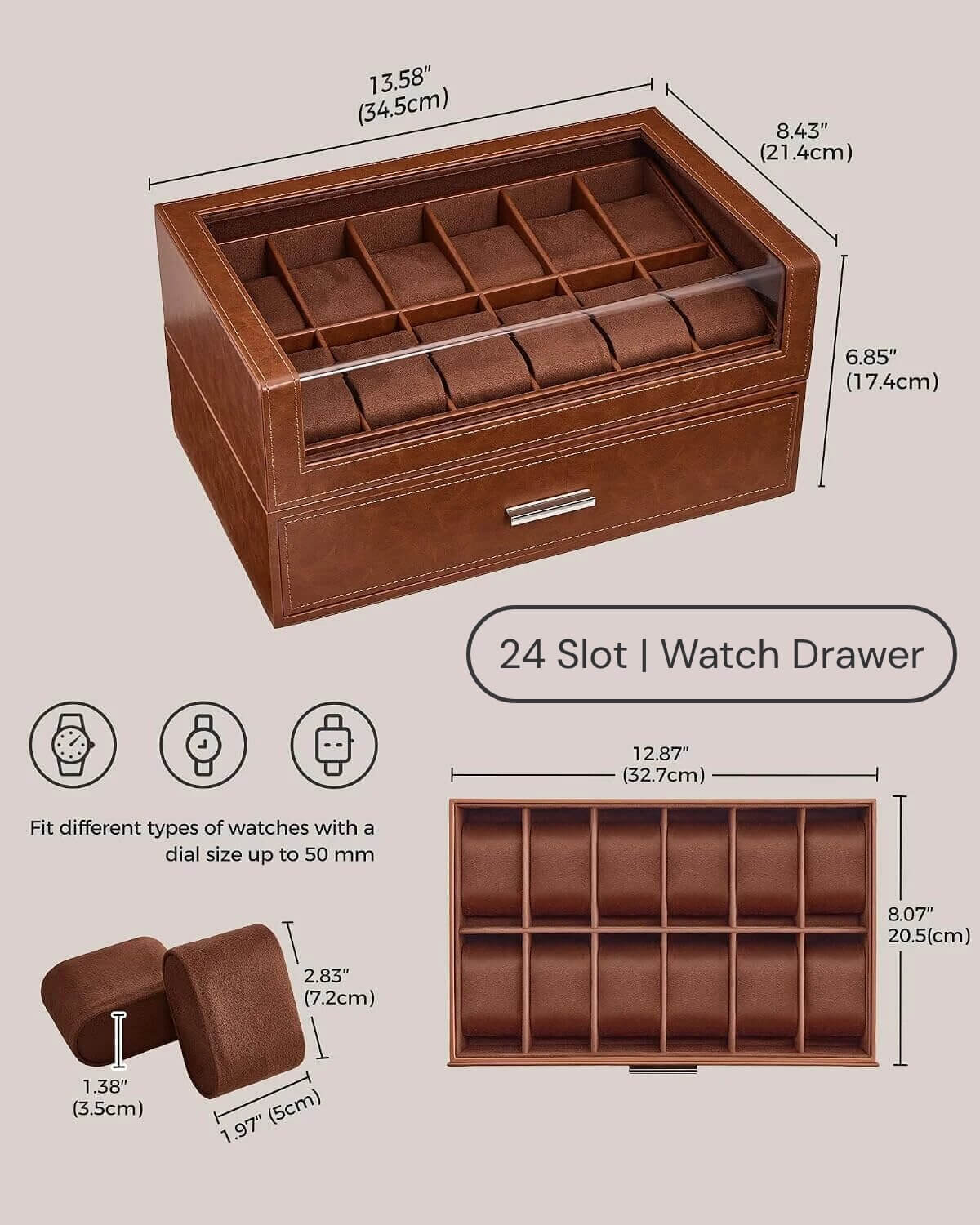 Brown 24 slot watch storage box with a single drawer and multiple watch slots, shown with dimension labels and small feature icons on a light beige background.
