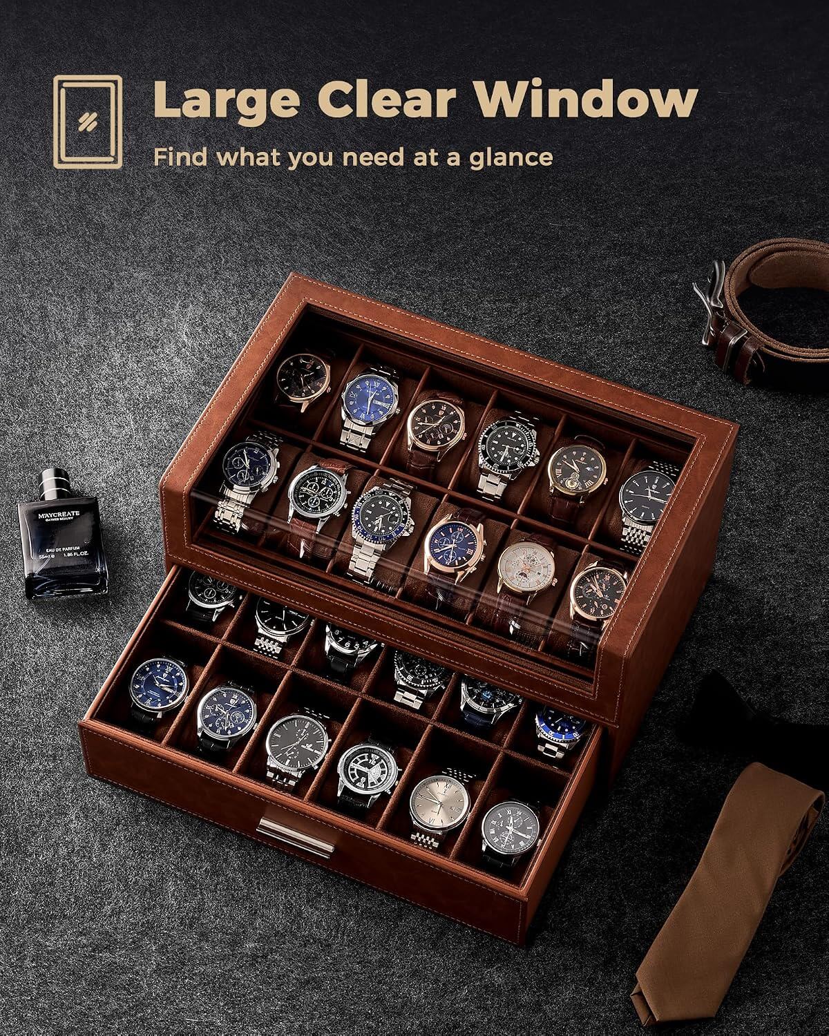 A brown wooden watch storage box with a clear glass top window, shown open with multiple wristwatches arranged inside. 