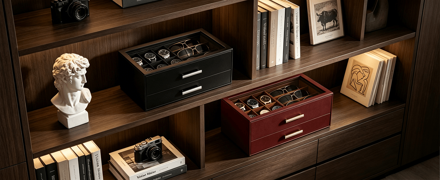 Brown men's jewelry box with compartments for watches, sunglasses, rings, necklaces, bracelets, and watch.