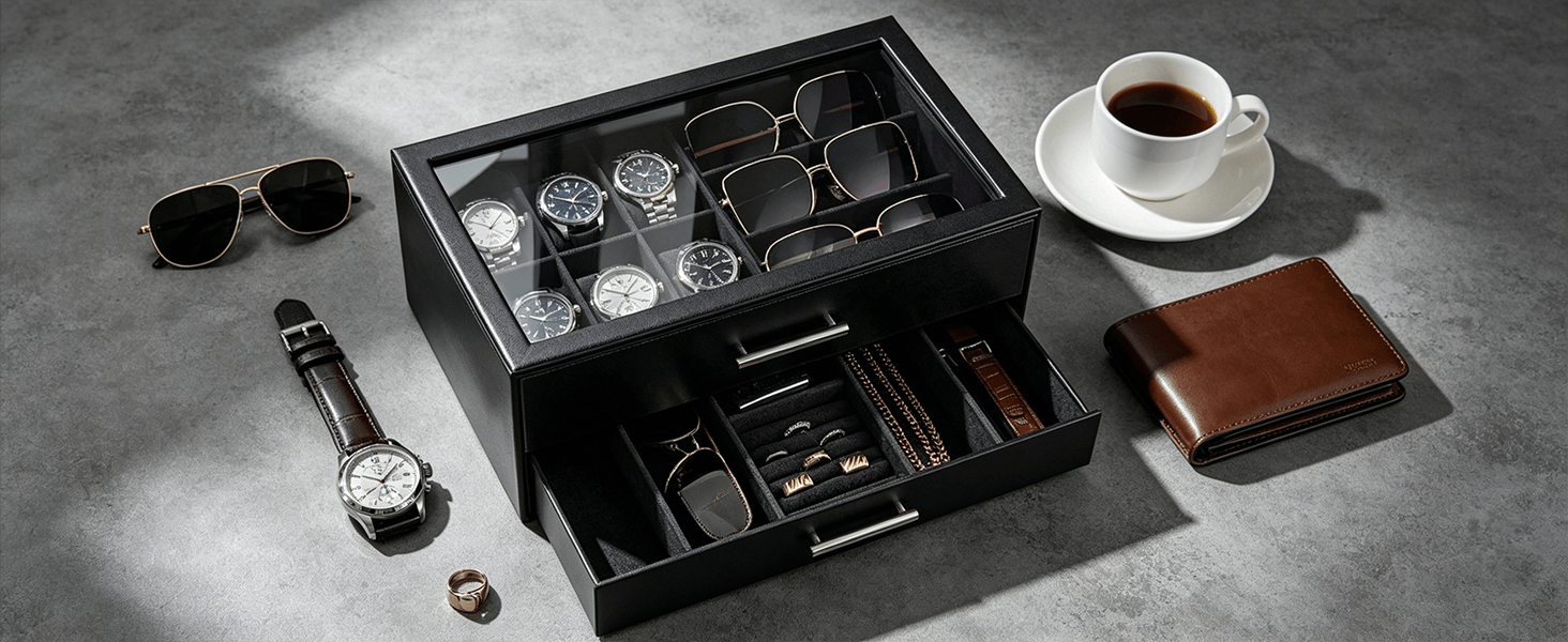 Black men's jewelry box with compartments for watches, sunglasses, rings, necklaces, bracelets, and watch bands on a gray surface.