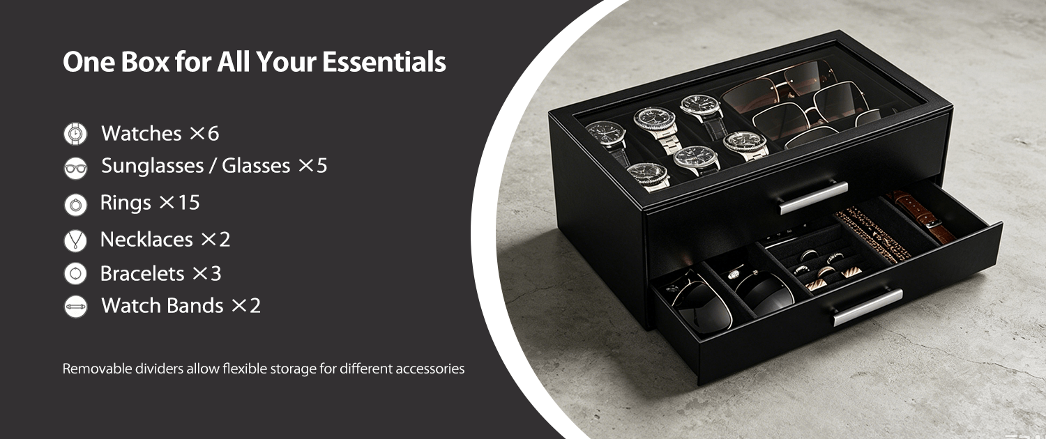 Black men's jewelry box with compartments for watches, sunglasses, rings, necklaces, bracelets, and watch.