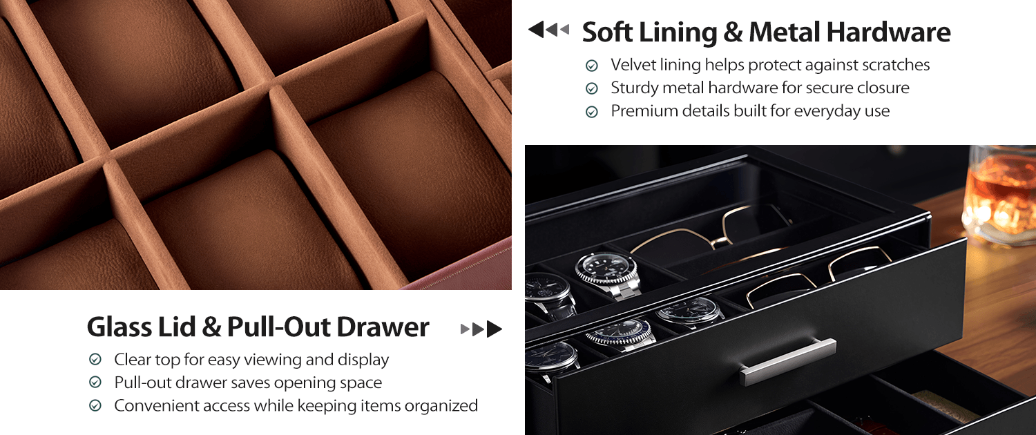 Black men's jewelry box with compartments for watches, sunglasses, rings, necklaces, bracelets, and watch.