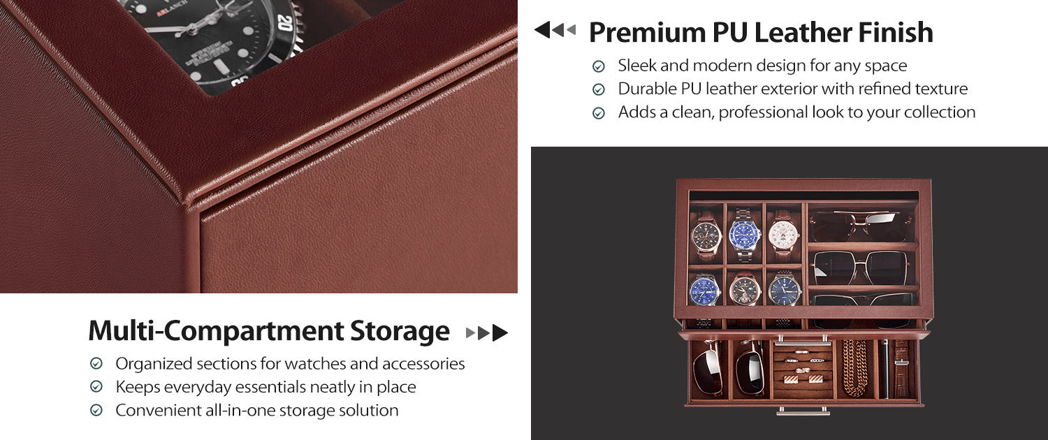 Brown men's jewelry box with compartments for watches, sunglasses, rings, necklaces, bracelets, and watch.