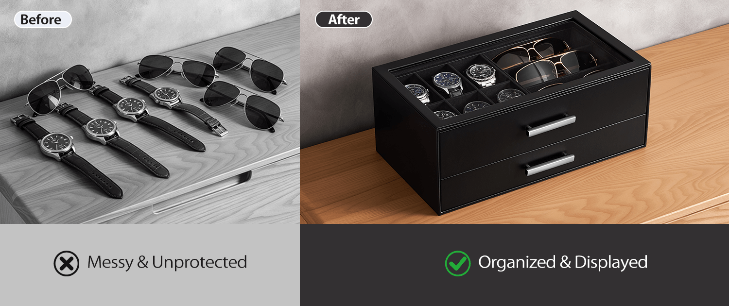 Before and after comparison of black men's jewelry box with compartments for watches, sunglasses, rings, necklaces, bracelets, and watch.