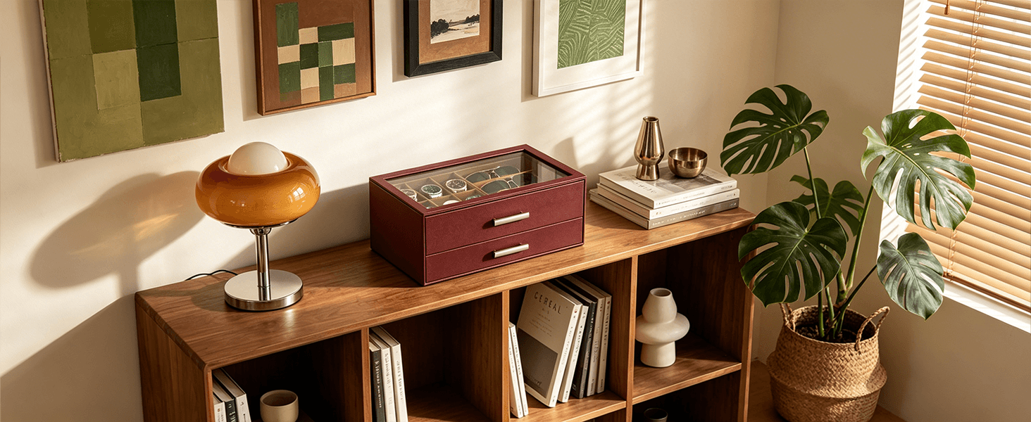 Brown men's jewelry box with compartments for watches, sunglasses, rings, necklaces, bracelets, and watch.