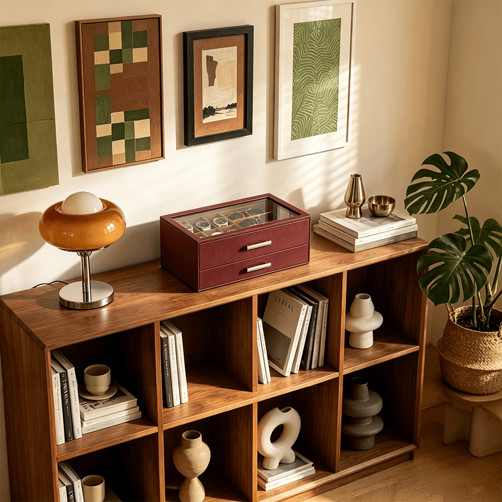 Brown men's jewelry box with compartments for watches, sunglasses, rings, necklaces, bracelets, and watch.