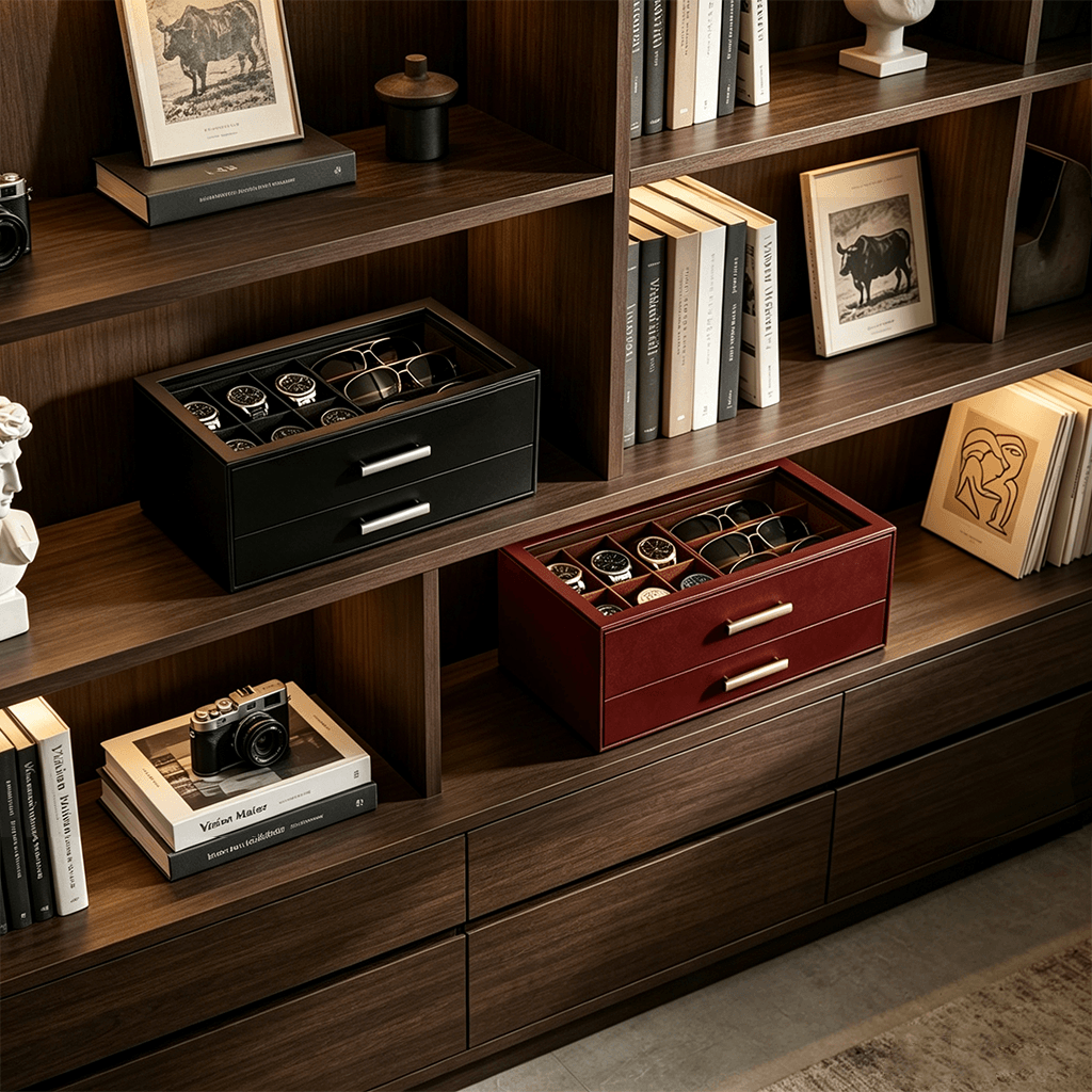 Brown men's jewelry box with compartments for watches, sunglasses, rings, necklaces, bracelets, and watch.