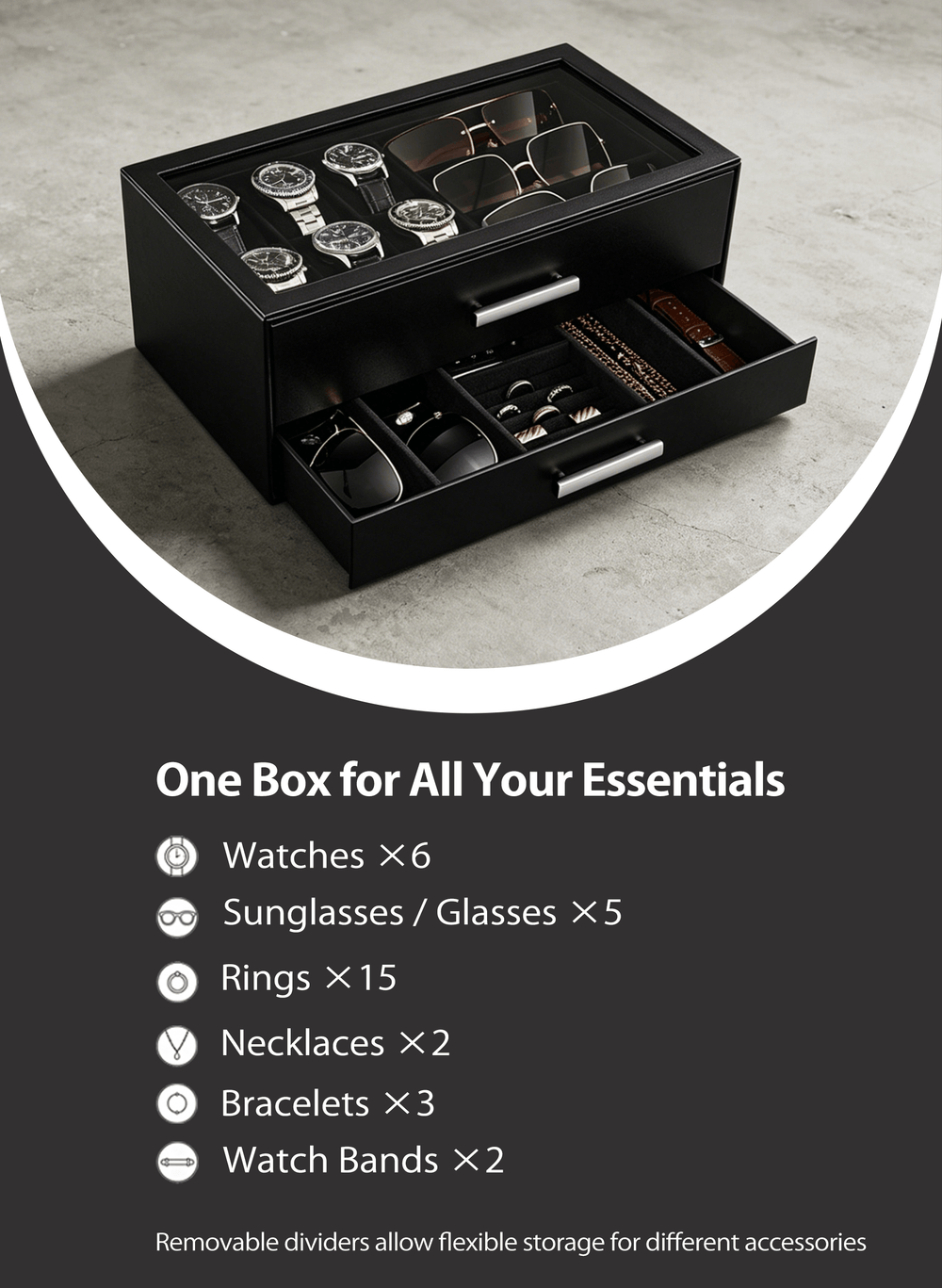 Black men's jewelry box with compartments for watches, sunglasses, rings, necklaces, bracelets, and watch bands on a gray surface.