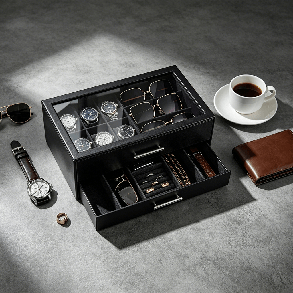 Black men's jewelry box with compartments for watches, sunglasses, rings, necklaces, bracelets, and watch bands on a gray surface.