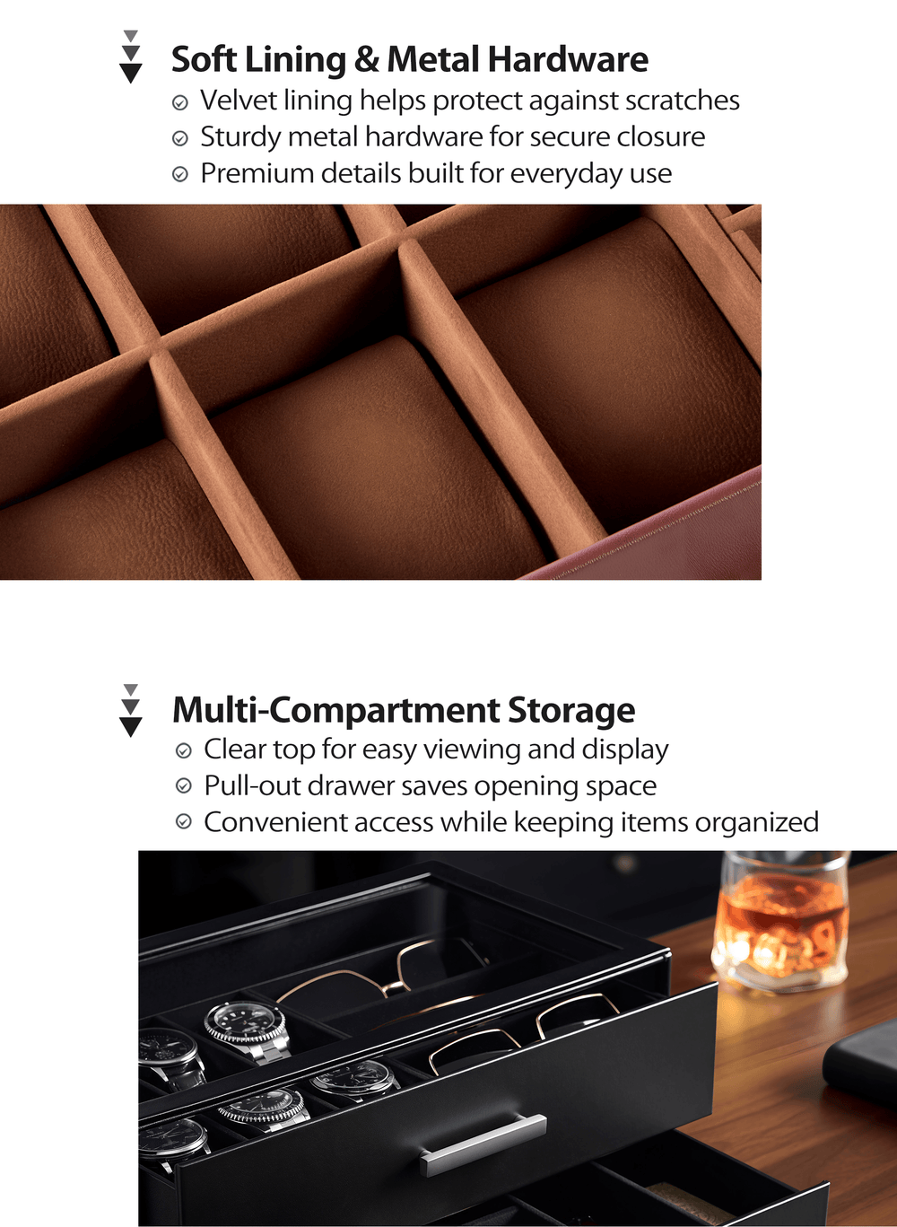 Brown jewelry box for men with compartments and text about PU leather finish and multi-compartment storage.