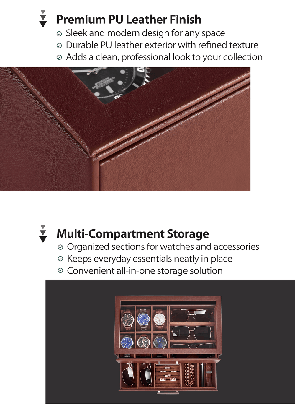 Brown jewelry box for men with compartments and text about PU leather finish and multi-compartment storage.