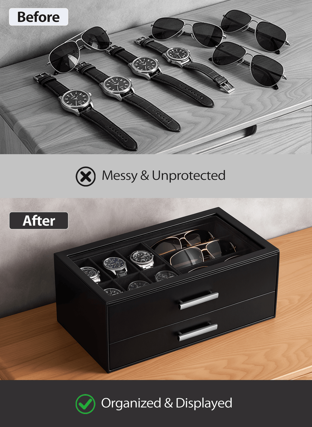 Before and after comparison of watches , jewelry and sunglasses with a black display box.