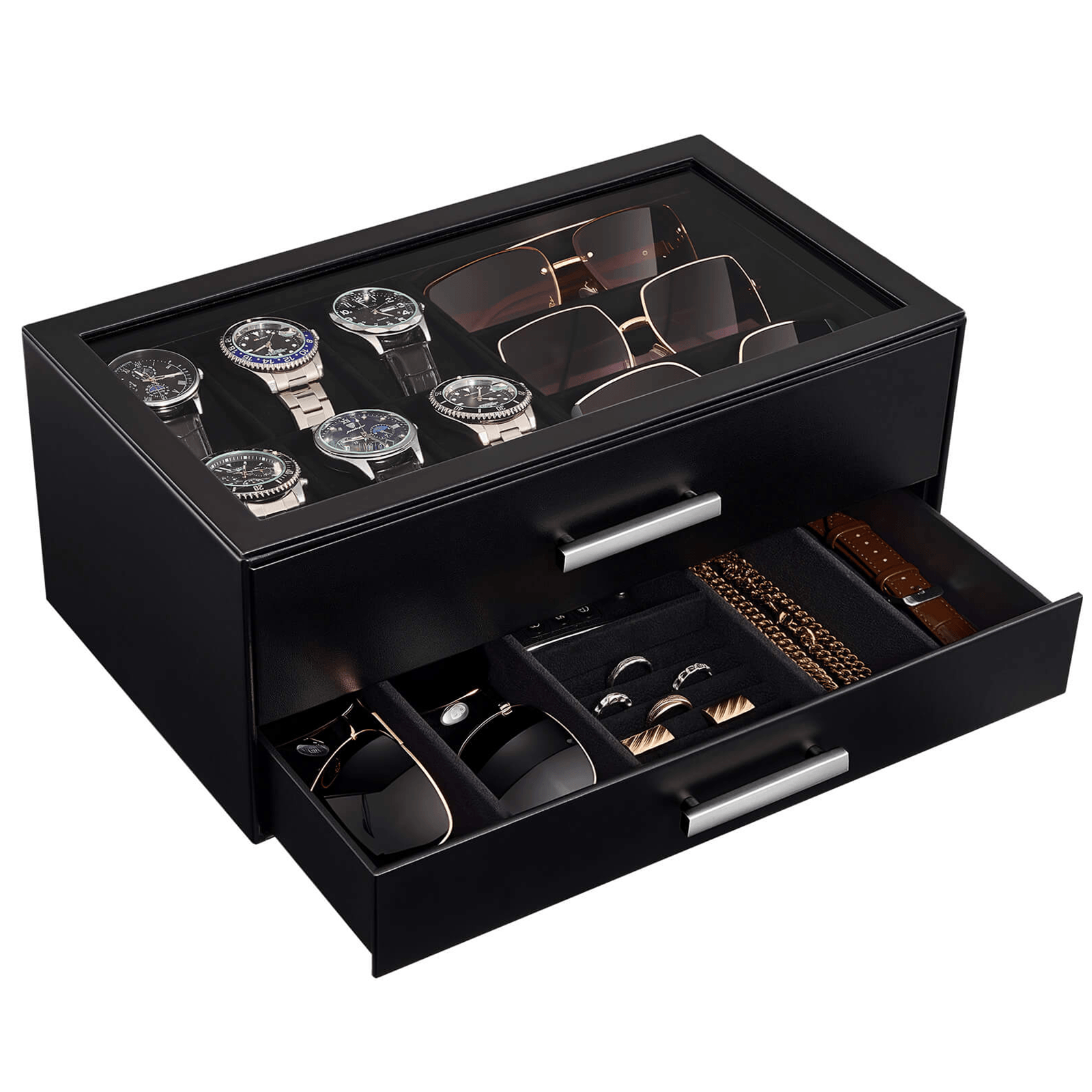 Black mens jewelry and watch display case with watches, sunglasses, and jewelry.