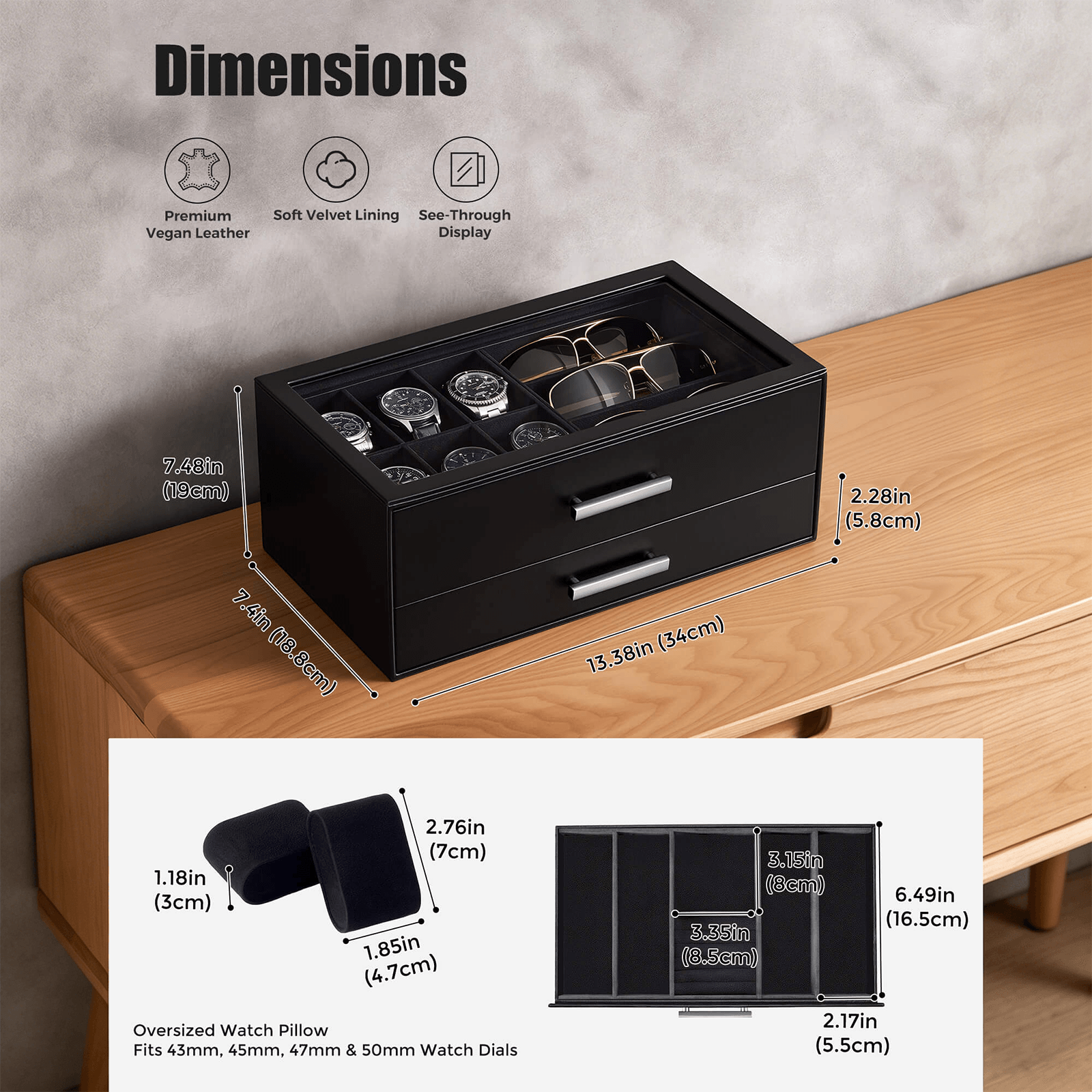 Black men's jewelry box with compartments for watches, sunglasses, rings, necklaces, bracelets, and watch.