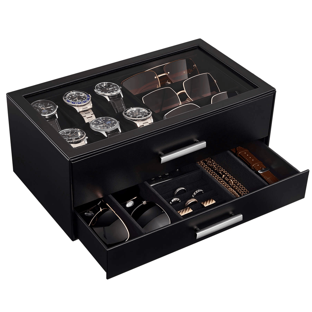 Black mens jewelry and watch display case with watches, sunglasses, and jewelry.