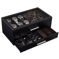 Black mens jewelry and watch display case with watches, sunglasses, and jewelry.