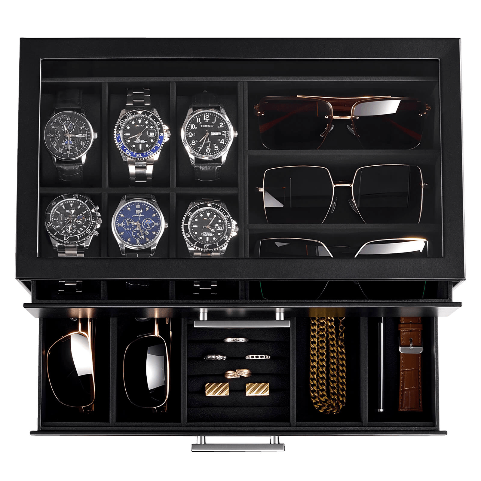 Black mens jewelry and watch display case with watches, sunglasses, and jewelry.