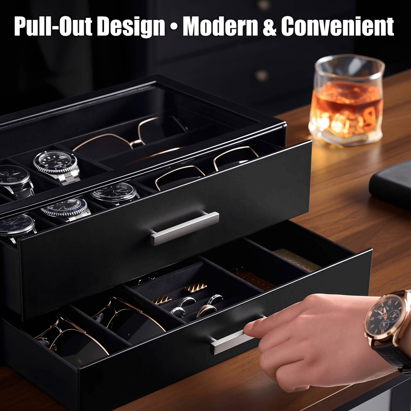 Black mens jewelry and watch display case with watches, sunglasses, and jewelry.