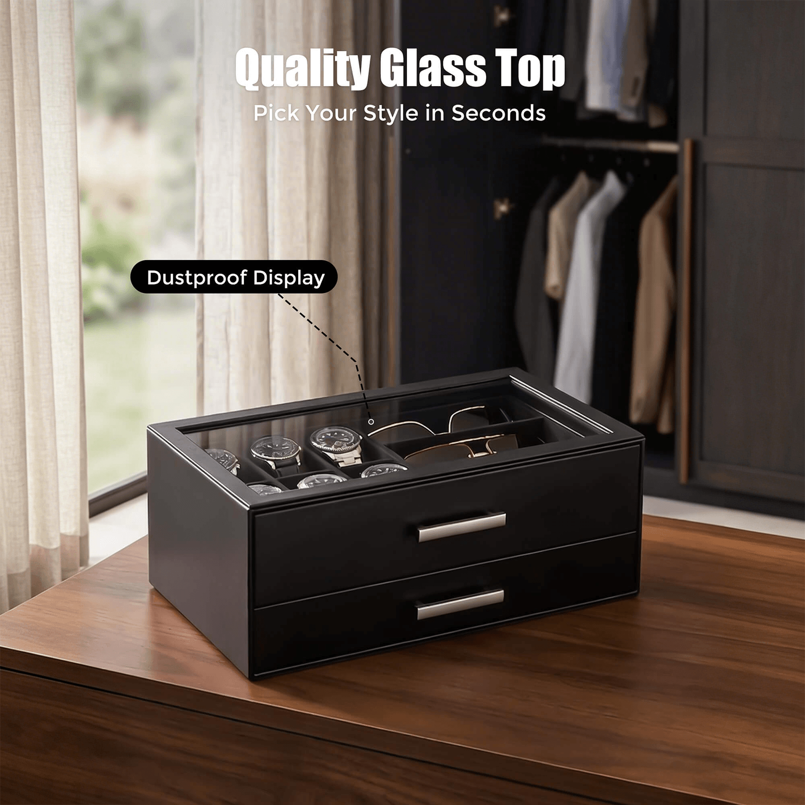 Black men's jewelry box with compartments for watches, sunglasses, rings, necklaces, bracelets, and watch.
