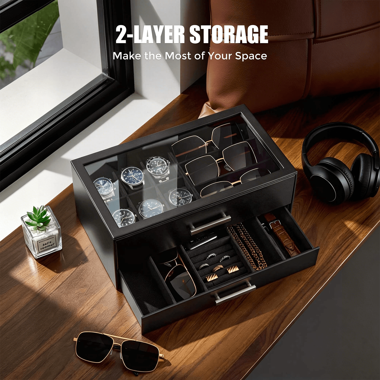 Black men's jewelry box with compartments for watches, sunglasses, rings, necklaces, bracelets, and watch.