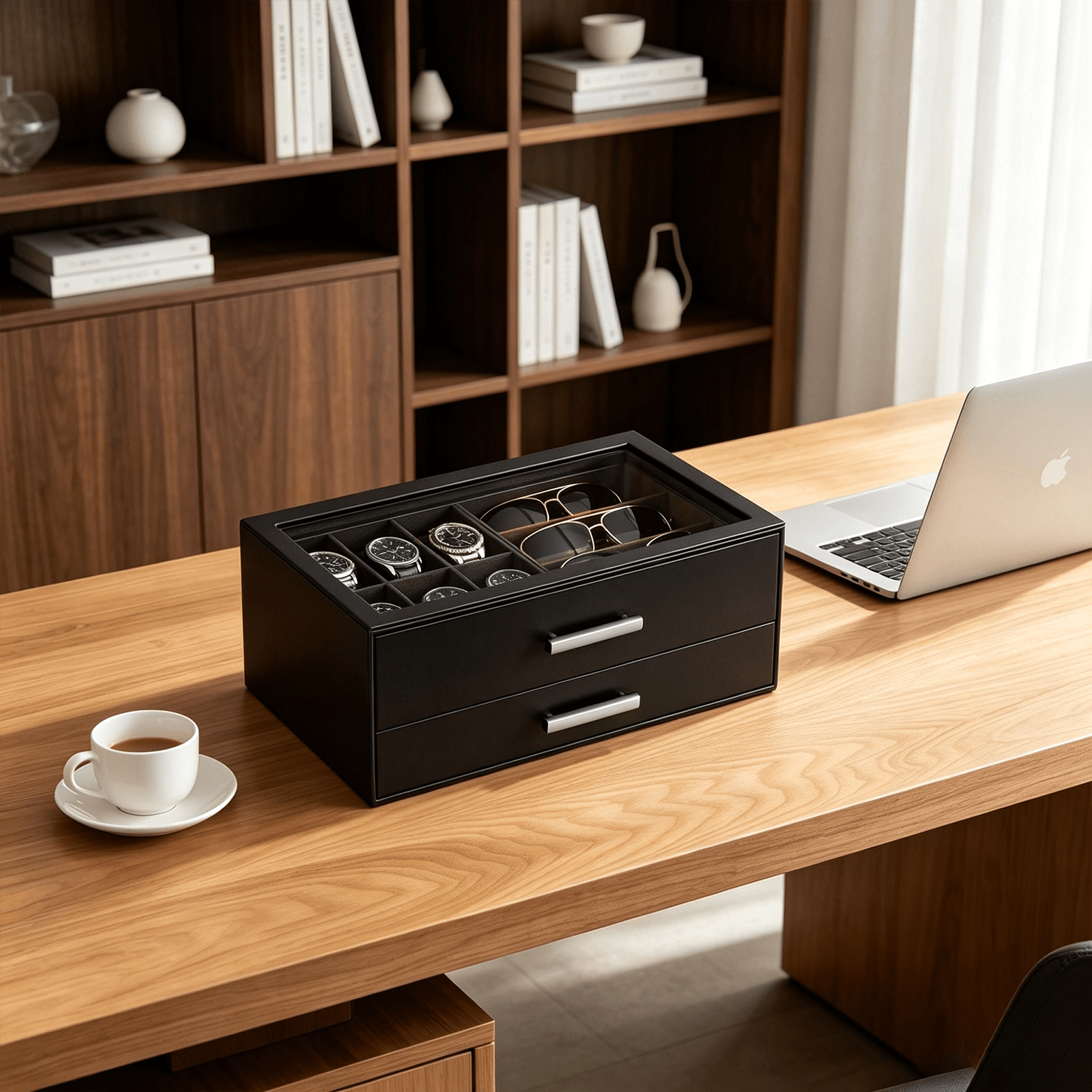 Black men's jewelry box with compartments for watches, sunglasses, rings, necklaces, bracelets, and watch.